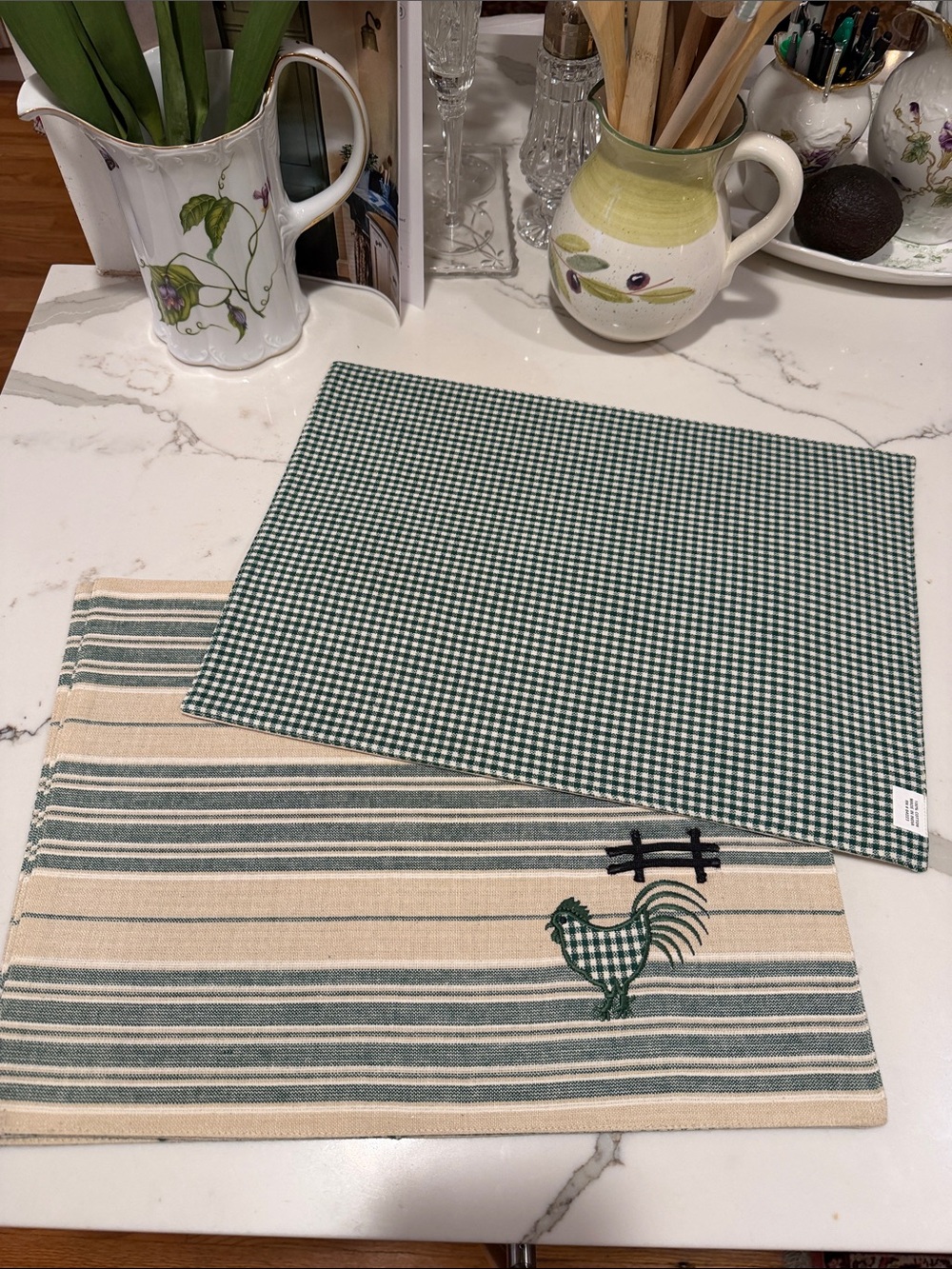 Cotton set of 4 Rooster, Gingham and Striped Reversible Kitchen Placemats